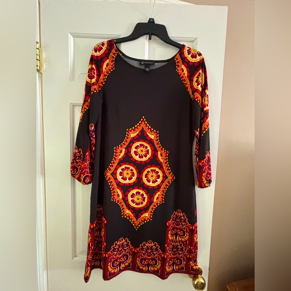 INC Short Black Dress with Red and Orange Pattern